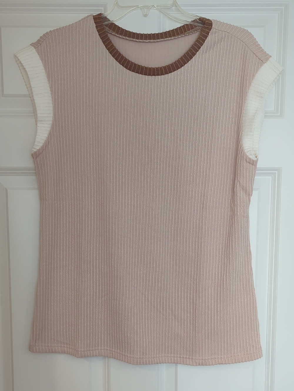 Sleeveless Rib Knit Top in Beige with Contrast Trim